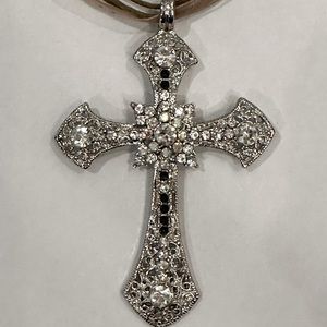 Leather and Organza Ribbon Necklace with Cross Rhinestone pendant.